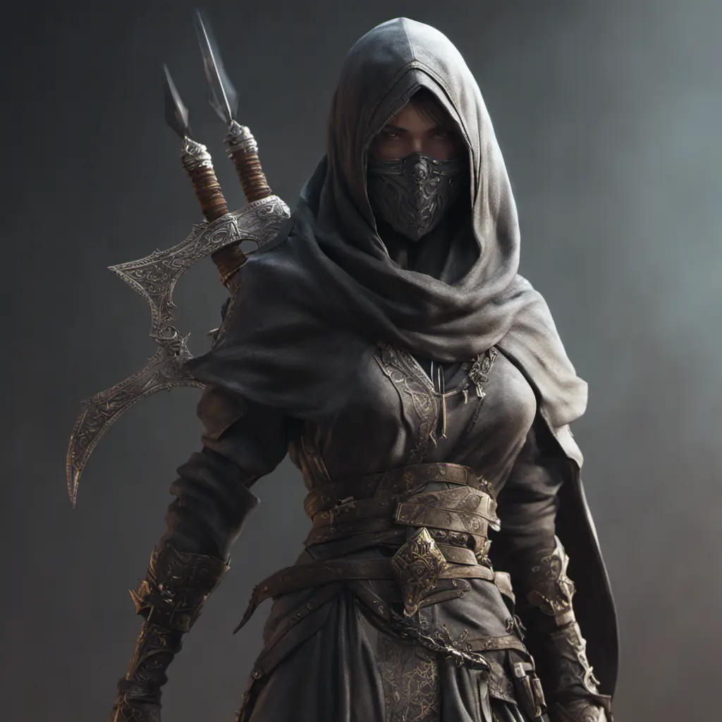 Veiled Assassin with daggers, 8k, Highly Detailed, Artstation, Illustration, Sharp Focus, Unreal Engine, Volumetric Lighting, Concept Art