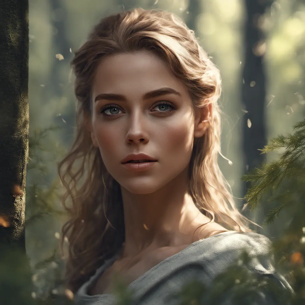 Closeup of a gorgeous female in a forest in the style of stefan kostic, 8k, High Definition, Digital Illustration, Bokeh effect, Photo Realistic, Sharp Focus by WLOP