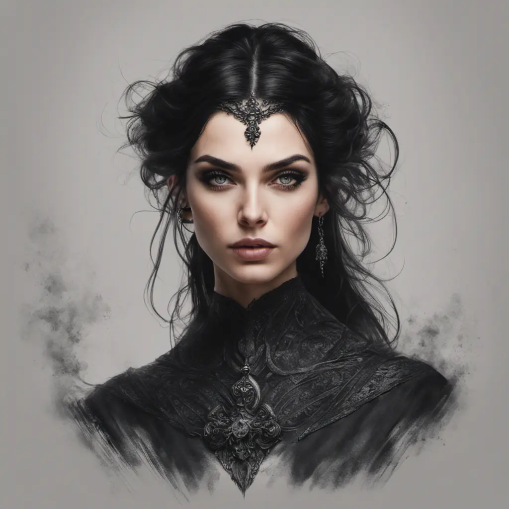 Alluring portrait of a beautiful gothic black haired caped witch in the style of Stefan Kostic, 8k, High Definition, Highly Detailed, Intricate, Half Body, Realistic, Sharp Focus, Fantasy, Elegant