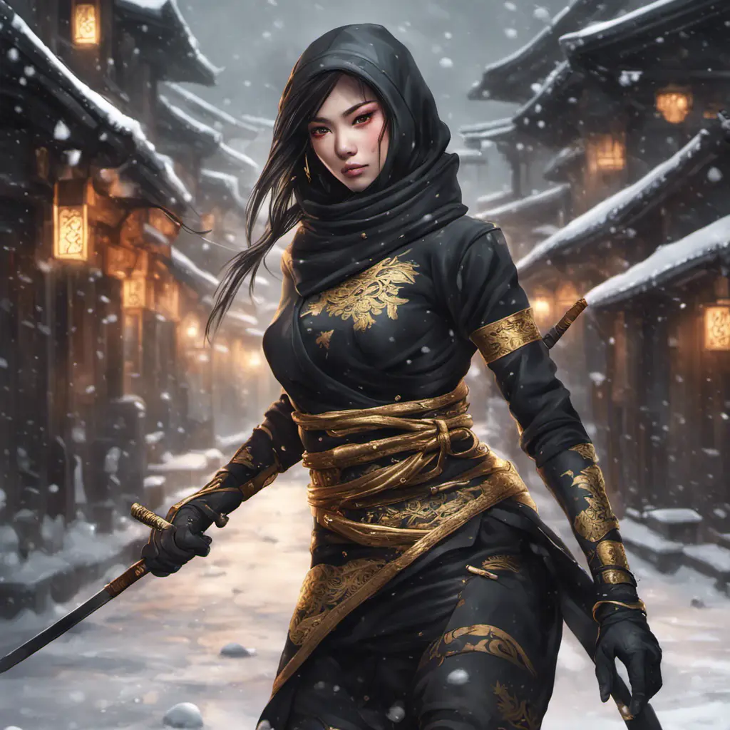 Mysterious beautiful armed kunoichi ninja wearing eyeliner and gold jewelry in the streets of a dark snowy town, 8k, Intricate Details, Trending on Artstation, Beautiful, Stunning, Centered by Stanley Artgerm Lau, WLOP