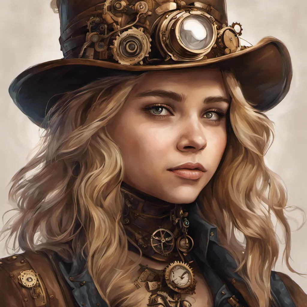 Steampunk portrait of Chloë Grace Moretz, Highly Detailed, Intricate, Artstation, Beautiful, Digital Painting, Sharp Focus, Concept Art, Elegant