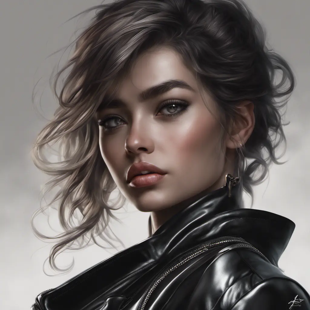 Alluring matte portrait of a beautiful A2 wearing black leather, 8k, Highly Detailed, Intricate, Half Body, Realistic, Sharp Focus, Volumetric Lighting, Fantasy, Elegant by Stanley Artgerm Lau, WLOP