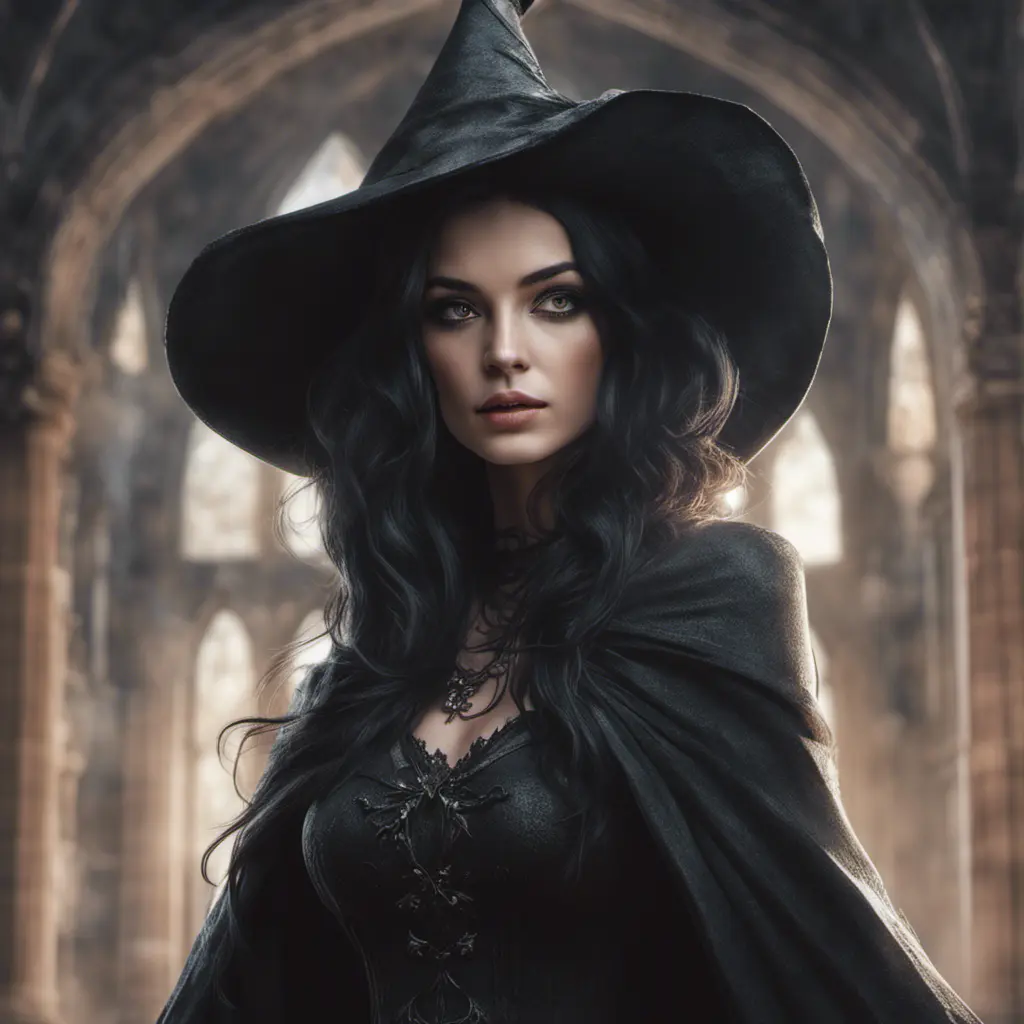 Alluring portrait of a beautiful gothic black haired caped witch in the style of Stefan Kostic, 8k, High Definition, Highly Detailed, Intricate, Half Body, Realistic, Sharp Focus, Fantasy, Elegant