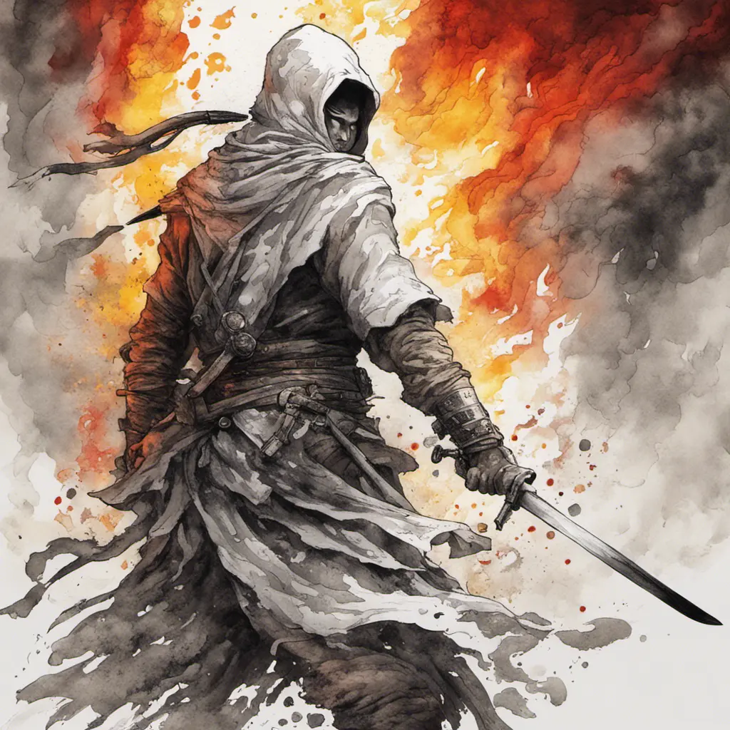 White Assassin emerging from a firey fog of battle, ink splash, Highly Detailed, Vibrant Colors, Ink Art, Fantasy, Dark by Studio Ghibli