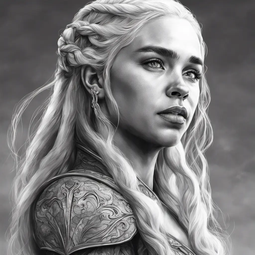 Black & White face portrait of Daenerys Targaryen, Highly Detailed, Intricate, Artstation, Beautiful, Digital Painting, Sharp Focus, Concept Art, Elegant