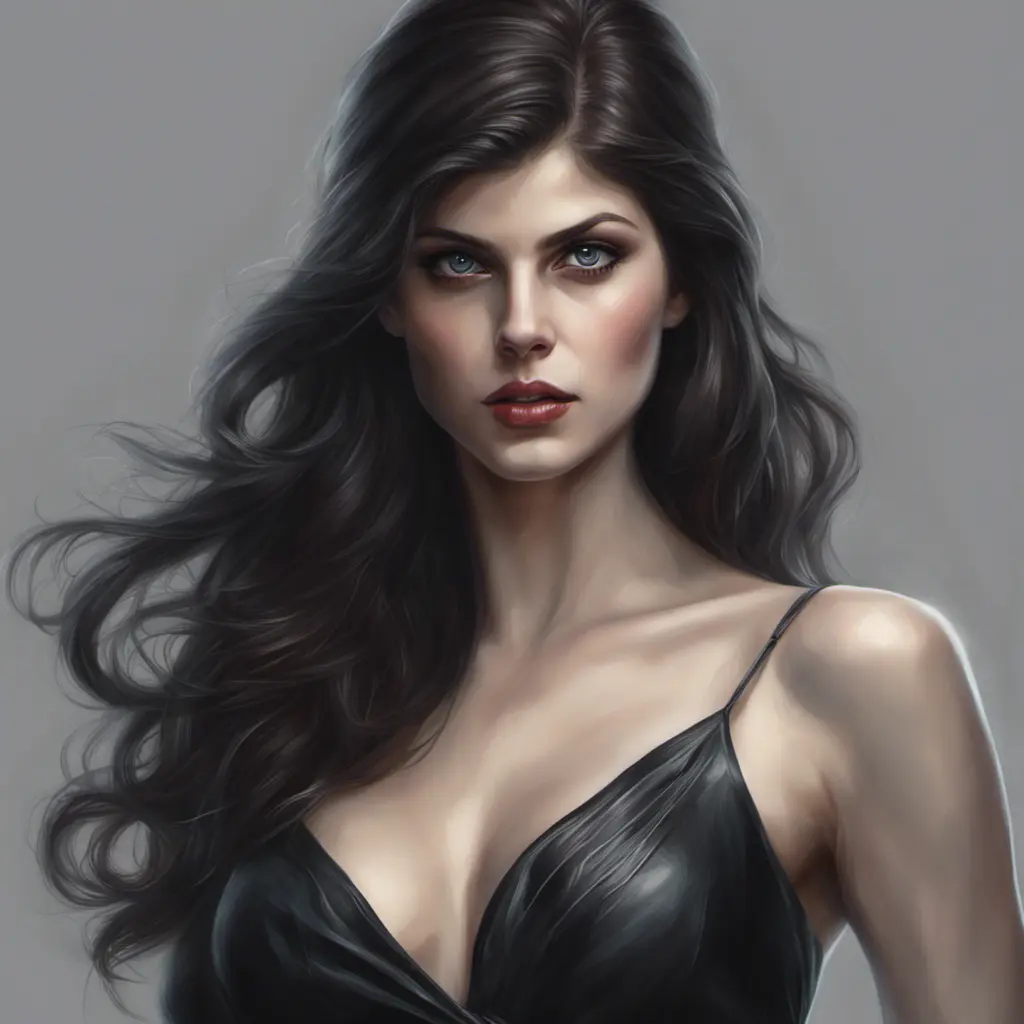 Alluring matte portrait of a fierce beautiful Alexandra Daddario in black, 8k, Highly Detailed, Intricate, Half Body, Realistic, Sharp Focus, Volumetric Lighting, Fantasy, Elegant by Stanley Artgerm Lau, WLOP, Stefan Kostic