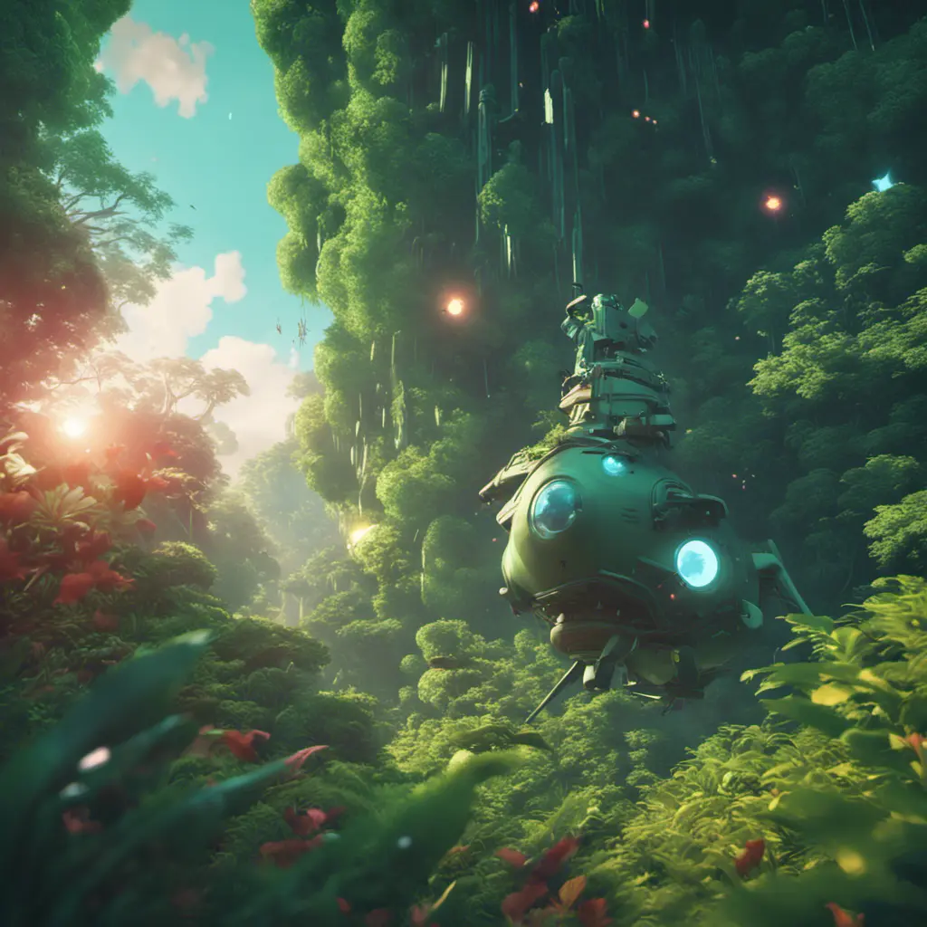 Studio ghibli, rocket explosion, jungle, solar, green technology, optimist future, 8k, Bokeh effect, Cinematic Lighting, Octane Render, Iridescence, Vibrant by Beeple, Asher Brown Durand, Dan Mumford, Greg Rutkowski, WLOP