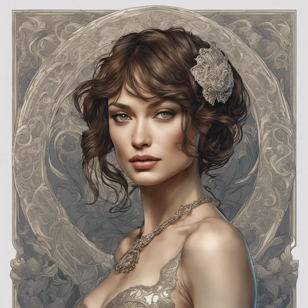 Alluring matte portrait of a beautiful Olga Kurylenko, 8k, Highly Detailed, Intricate, Half Body, Realistic, Sharp Focus, Volumetric Lighting, Fantasy, Elegant by Alphonse Mucha