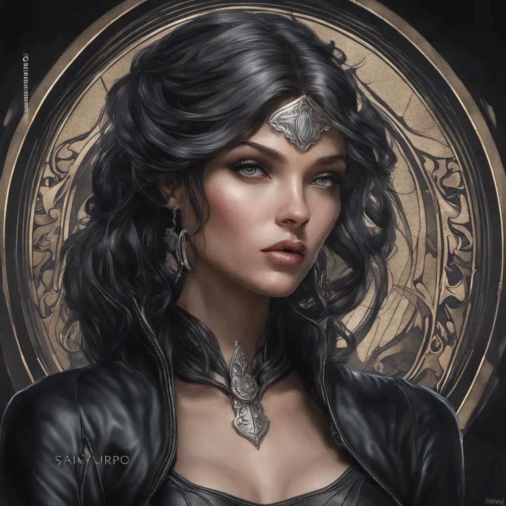 Alluring matte portrait of the beautiful goddess Selene in black leather, 8k, Highly Detailed, Intricate, Realistic, Sharp Focus, Volumetric Lighting, Fantasy, Elegant by Stanley Artgerm Lau, Alphonse Mucha, WLOP