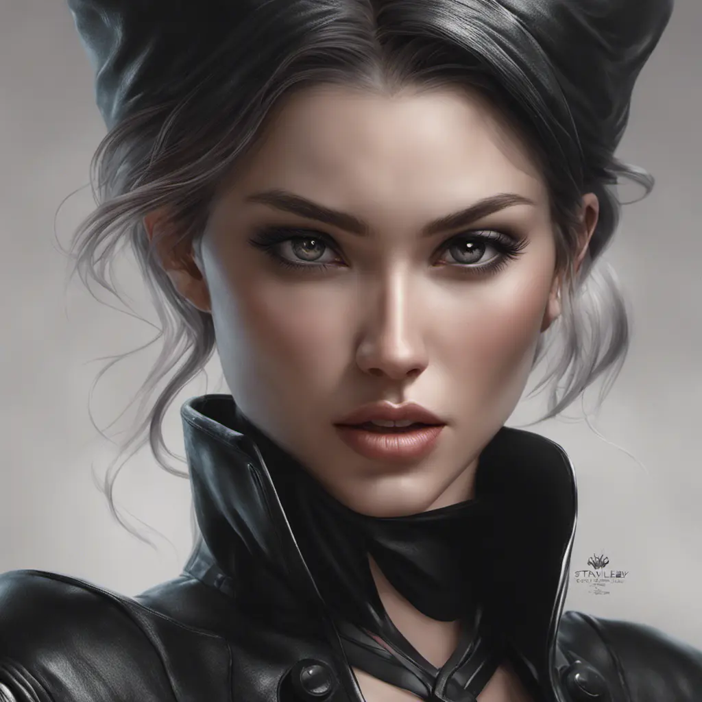 Alluring matte portrait of a beautiful A2 wearing black leather, 8k, Highly Detailed, Intricate, Half Body, Realistic, Sharp Focus, Volumetric Lighting, Fantasy, Elegant by Stanley Artgerm Lau, WLOP