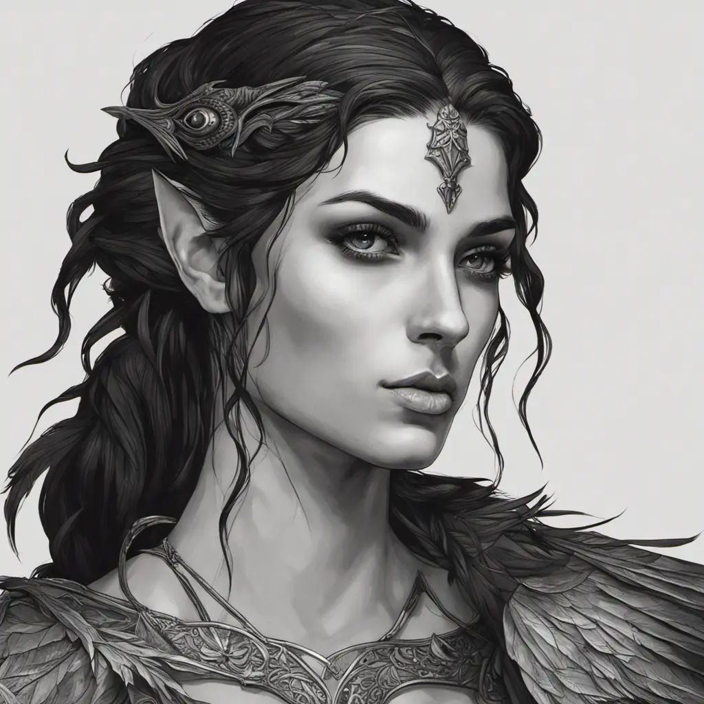 Alluring highly detailed matte portrait of a beautiful raven black haired half elf in the style of Stefan Kostic, 8k, High Definition, Highly Detailed, Intricate, Half Body, Realistic, Sharp Focus, Fantasy, Elegant