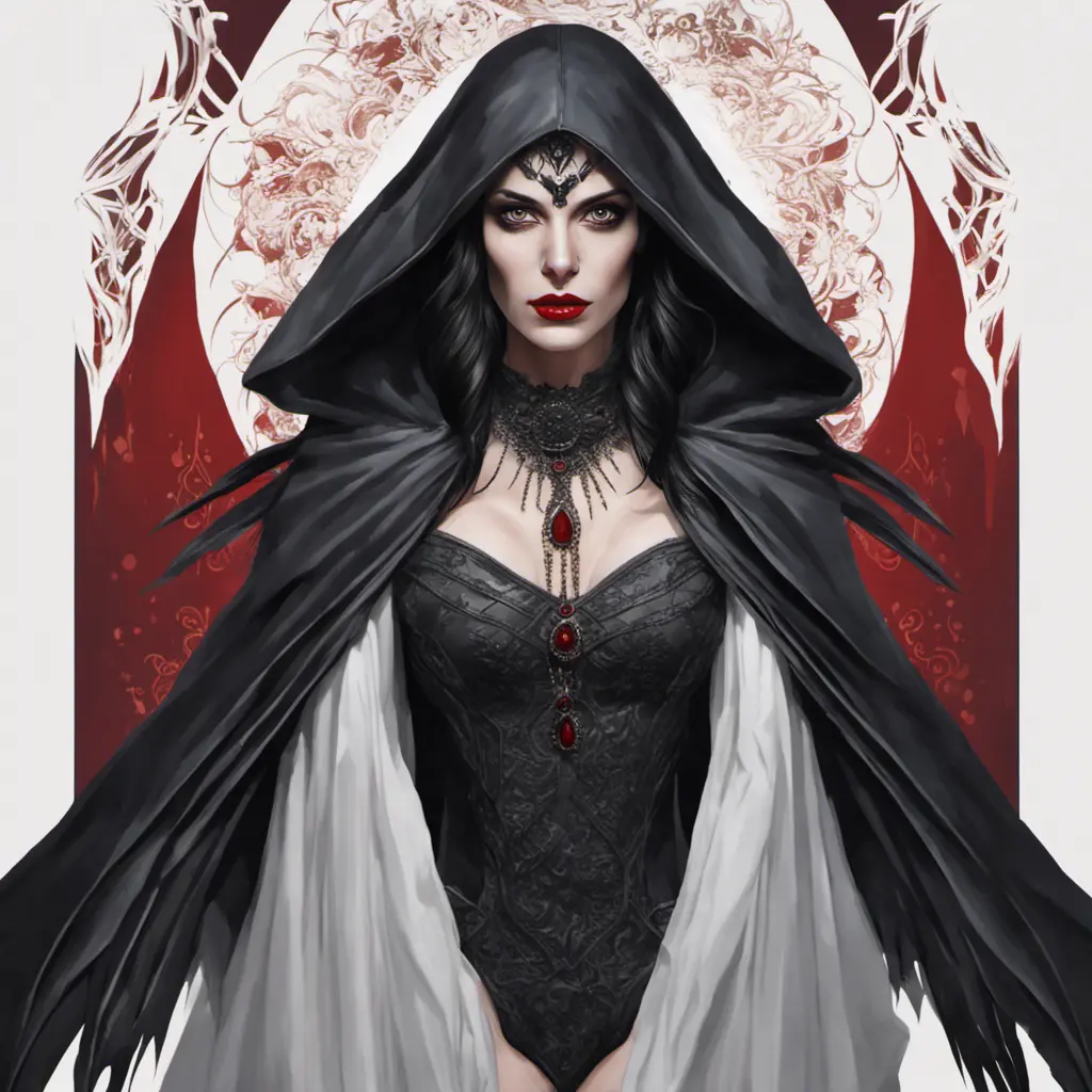 Alluring portrait of a beautiful raven black-haired veiled & caped vampire with sharp features and piercing eyes in the style of Stefan Kostic, 8k, High Definition, Highly Detailed, Intricate, Half Body, Realistic, Sharp Focus, Fantasy, Elegant