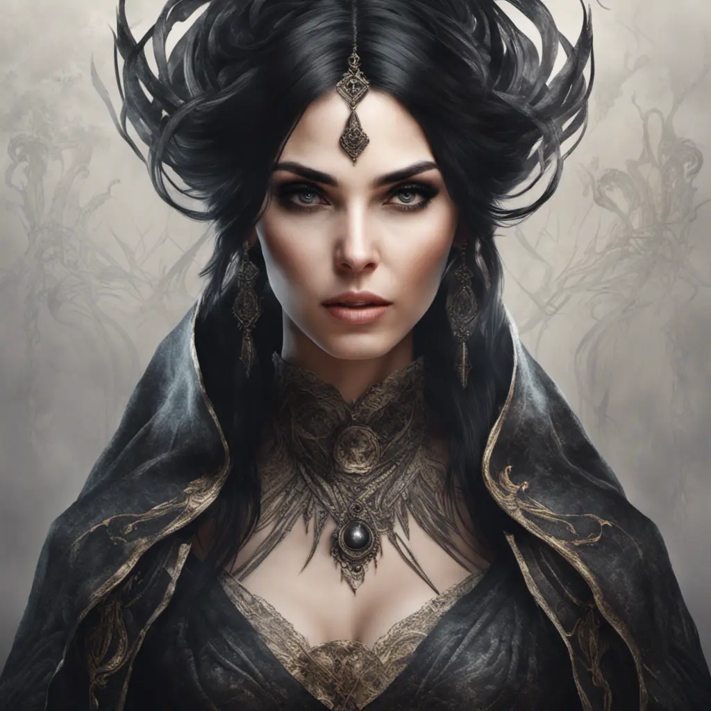 Alluring portrait of a beautiful gothic black haired sorceress in the style of Stefan Kostic, 8k, High Definition, Highly Detailed, Intricate, Half Body, Realistic, Sharp Focus, Fantasy, Elegant