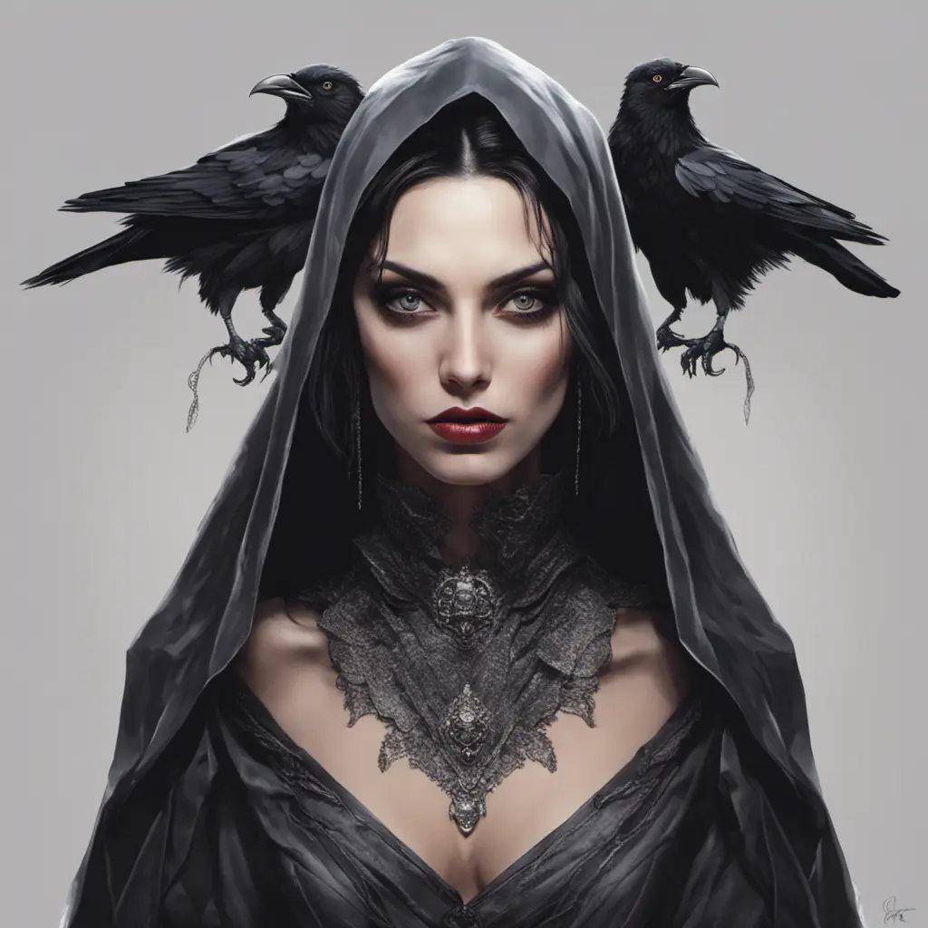 Alluring portrait of a beautiful raven black-haired veiled & caped vampire with sharp features and piercing eyes in the style of Stefan Kostic, 8k, High Definition, Highly Detailed, Intricate, Half Body, Realistic, Sharp Focus, Fantasy, Elegant