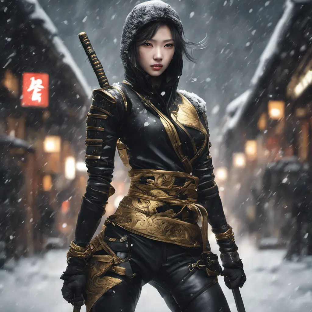 Mysterious beautiful armed kunoichi ninja wearing black leather and gold in the streets of dark snowy tokyo, 8k, Intricate Details, Trending on Artstation, Beautiful, Stunning, Centered by Stanley Artgerm Lau, WLOP