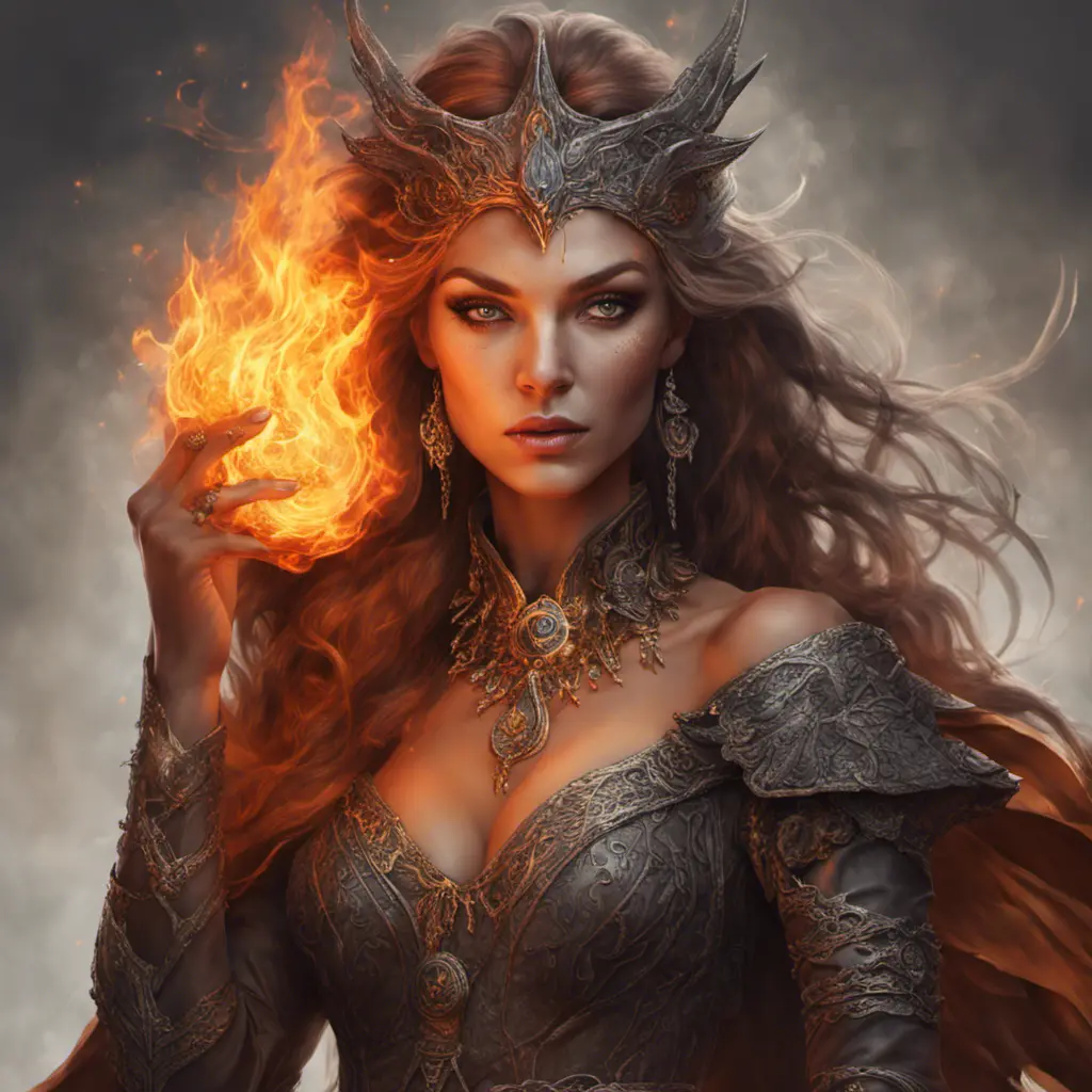 Alluring highly detailed matte portrait of a beautiful fire sorceress in the style of Stefan Kostic, 8k, High Definition, Highly Detailed, Intricate, Half Body, Realistic, Sharp Focus, Fantasy, Elegant