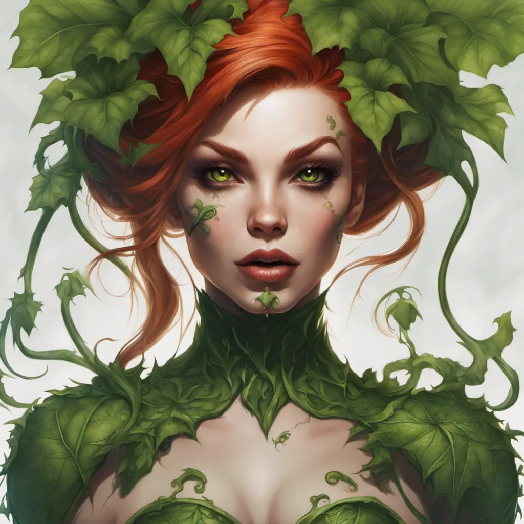 Closeup matte portrait of a tattooed Poison Ivy, symmetrical face, 8k, Highly Detailed, Intricate, Artstation, Matte Painting, Sharp Focus, Concept Art by Stanley Artgerm Lau, Greg Rutkowski