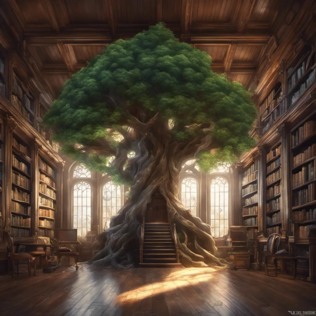 A beautiful giant tree growing in the middle of an ancient victorian library indoors. a door is embedded in the tree, 4k resolution, Hyper Detailed, Pixiv, Trending on Artstation, Vintage Illustration, Hearthstone, Unreal Engine, Volumetric Lighting, Concept Art, Digital Art, Fantasy by Stanley Artgerm Lau, Angela Barrett, WLOP