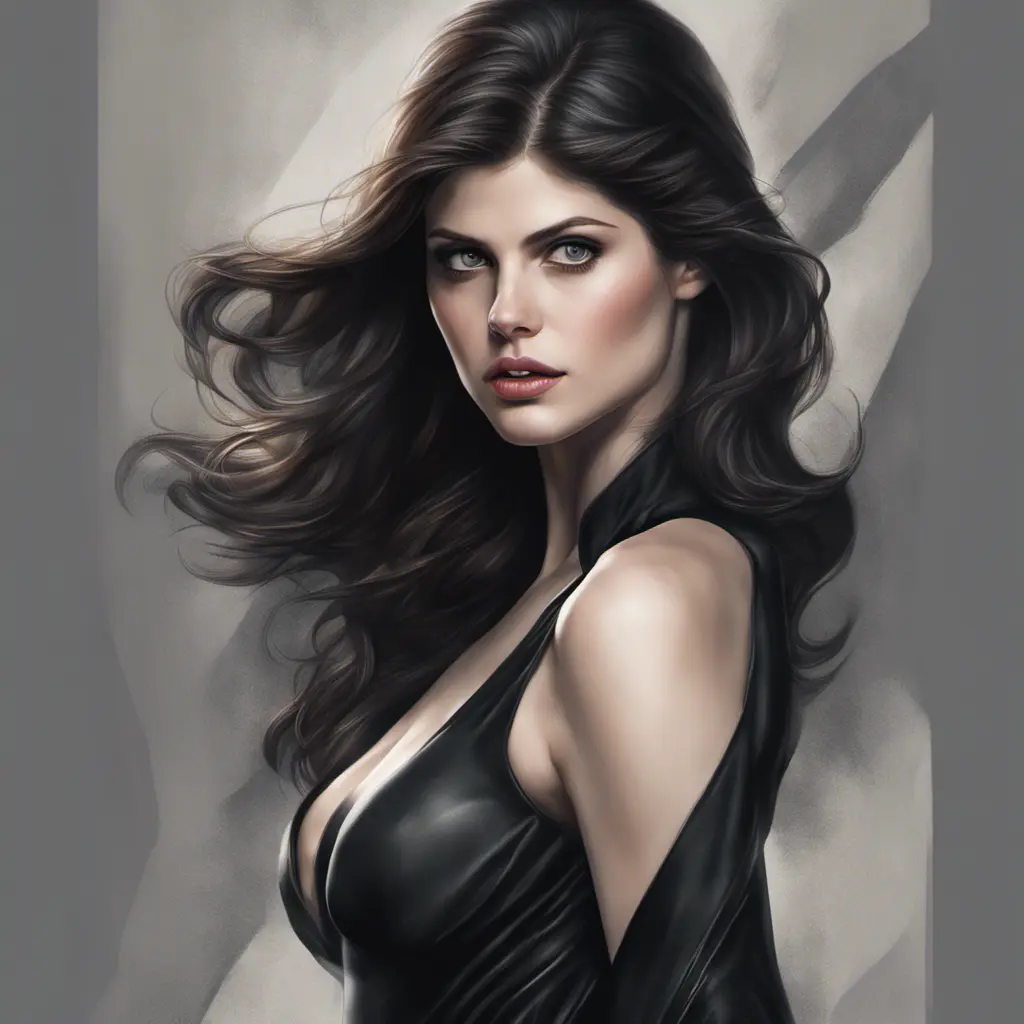 Alluring matte portrait of a fierce beautiful Alexandra Daddario in black, 8k, Highly Detailed, Intricate, Half Body, Realistic, Sharp Focus, Volumetric Lighting, Fantasy, Elegant by Stanley Artgerm Lau, WLOP, Stefan Kostic