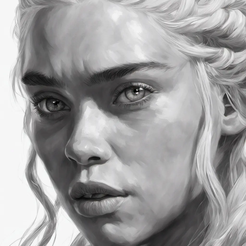 Black & White face portrait of Daenerys Targaryen, Highly Detailed, Intricate, Artstation, Beautiful, Digital Painting, Sharp Focus, Concept Art, Elegant