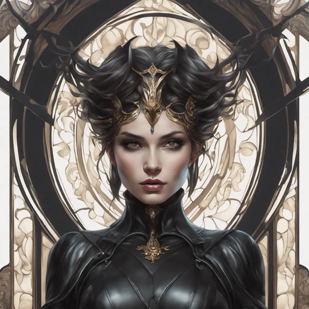 Alluring matte portrait of a beautiful Morgana wearing black leather, 8k, Highly Detailed, Intricate, Half Body, Realistic, Sharp Focus, Volumetric Lighting, Fantasy, Elegant by Stanley Artgerm Lau, Alphonse Mucha, WLOP