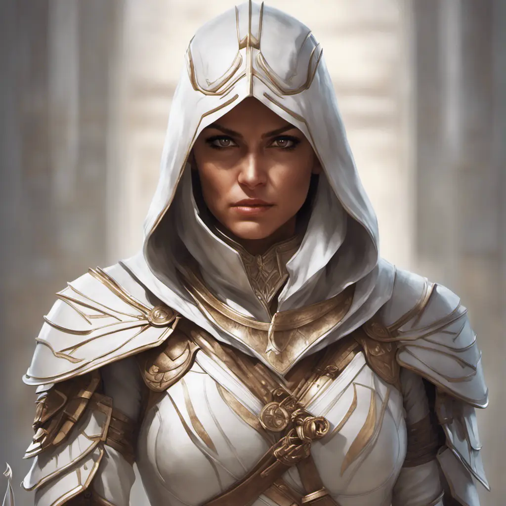 Alluring matte portrait of a fierce looking Kassandra in white Assassin's Creed armor, 8k, Highly Detailed, Intricate, Half Body, Realistic, Sharp Focus, Volumetric Lighting, Fantasy, Elegant by Stanley Artgerm Lau, Alphonse Mucha, WLOP