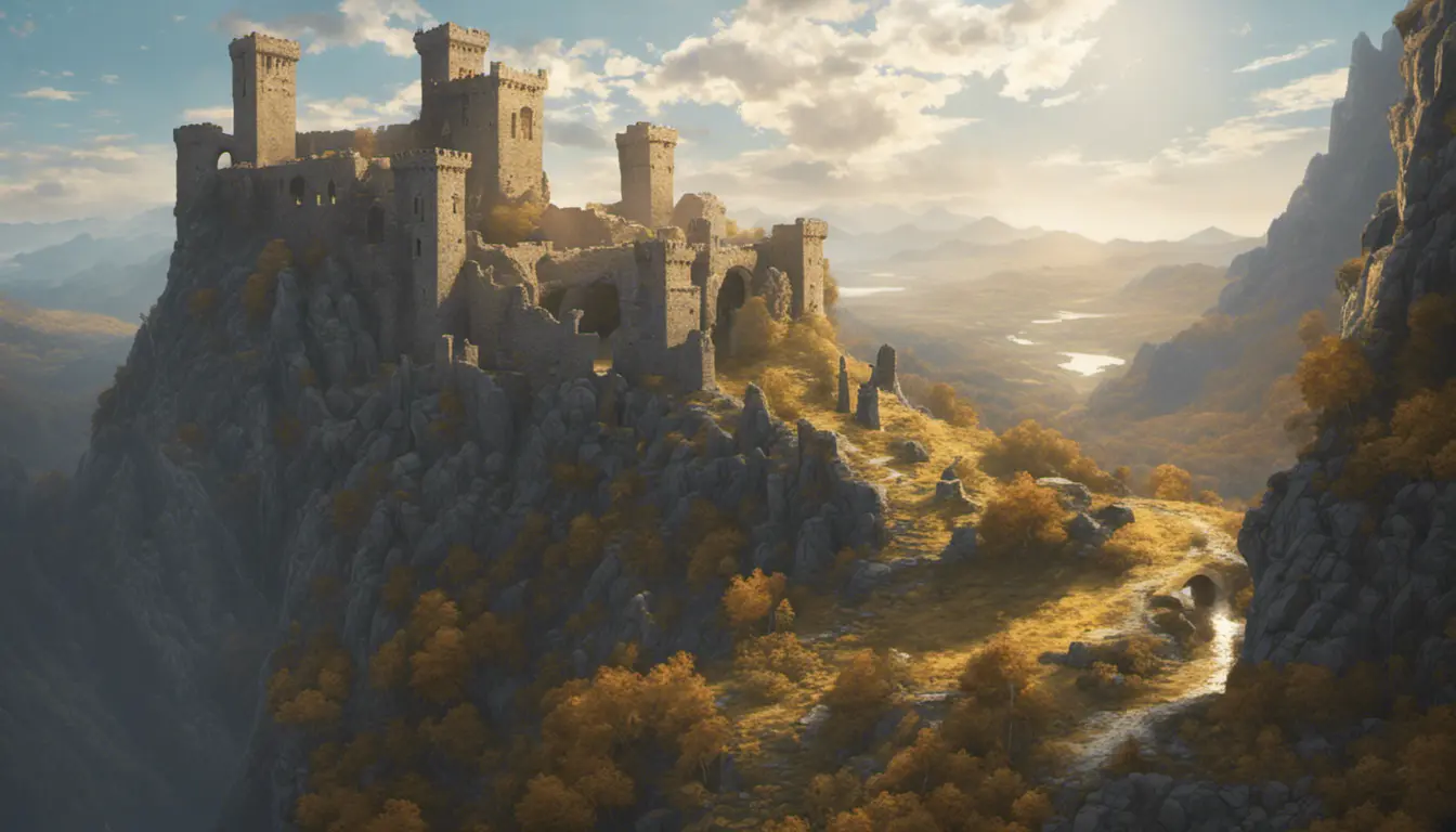 A beautiful medieval castle ruins in the mountains, forgotten valley, wide shot, horizon, sunrays, 4k resolution, Atmospheric, Hyper Detailed, Trending on Artstation, Sunny Day, Golden Hour, Volumetric Lighting, Concept Art, Digital Art, Fantasy by Shinji Aramaki, Posuka Demizu