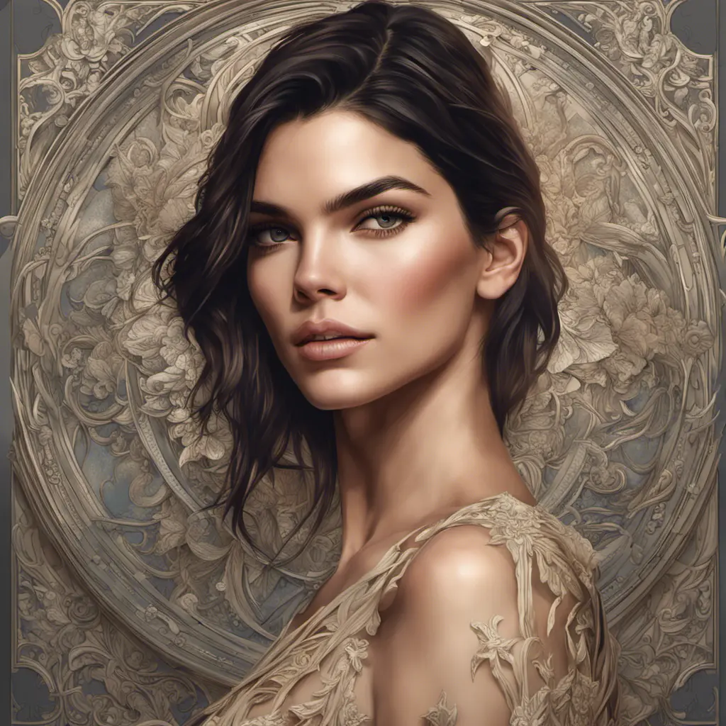 Alluring matte portrait of a beautiful Kendall Jenner, 8k, Highly Detailed, Intricate, Half Body, Realistic, Sharp Focus, Volumetric Lighting, Fantasy, Elegant by Alphonse Mucha