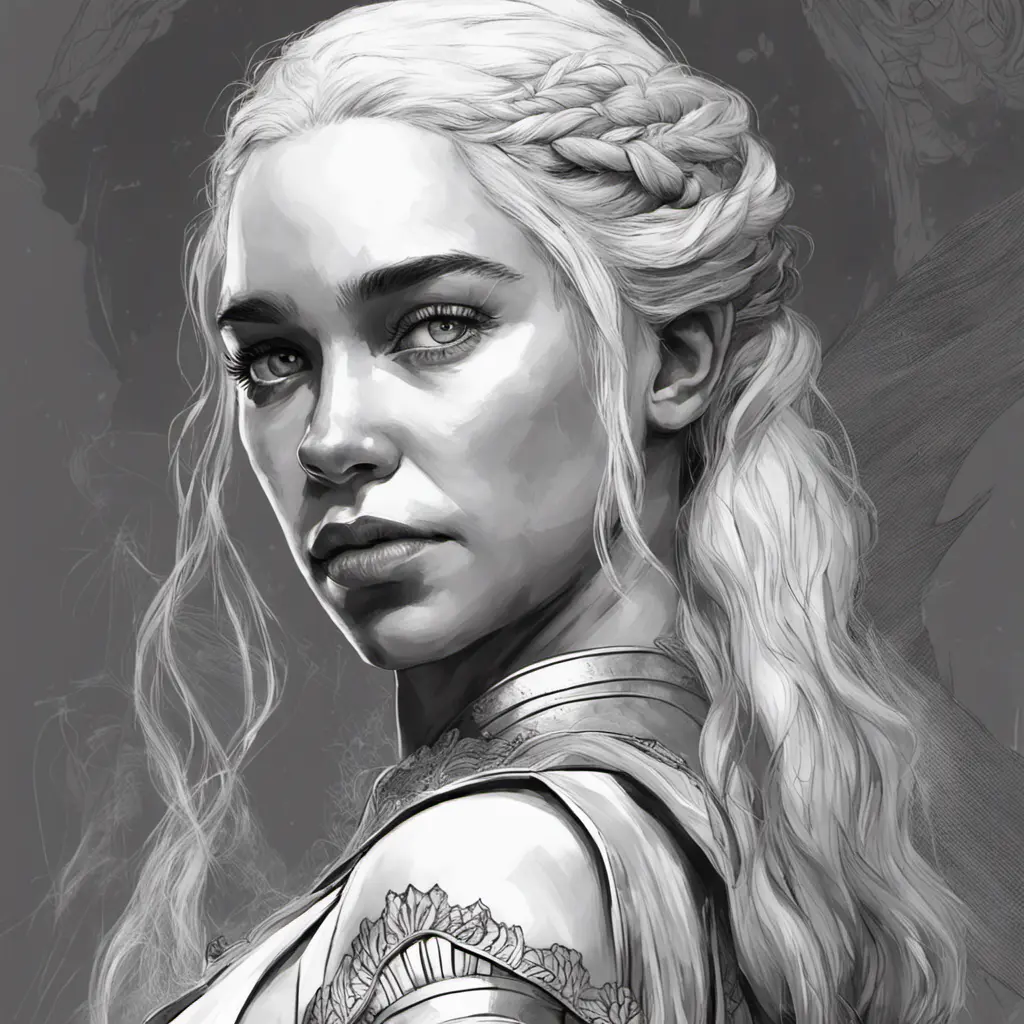 Black & White face portrait of Daenerys Targaryen, Highly Detailed, Intricate, Artstation, Beautiful, Digital Painting, Sharp Focus, Concept Art, Elegant