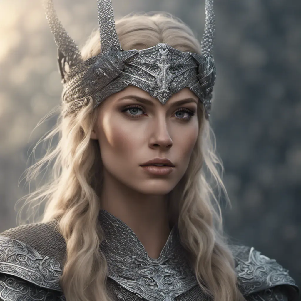 Alluring highly detailed matte portrait of beautiful norse goddess wearing chainmail in the style of Stefan Kostic, 8k, High Definition, Highly Detailed, Intricate, Half Body, Realistic, Sharp Focus, Fantasy, Elegant