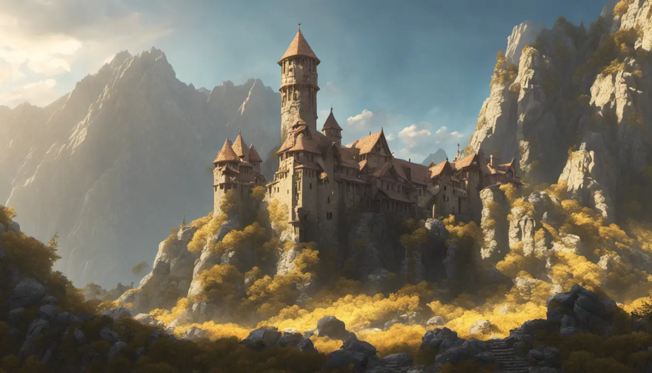 A beautiful medieval castle ruins in the mountains, forgotten valley, wide shot, horizon, sunrays, 4k resolution, Atmospheric, Hyper Detailed, Trending on Artstation, Sunny Day, Golden Hour, Volumetric Lighting, Concept Art, Digital Art, Fantasy by Shinji Aramaki, Posuka Demizu