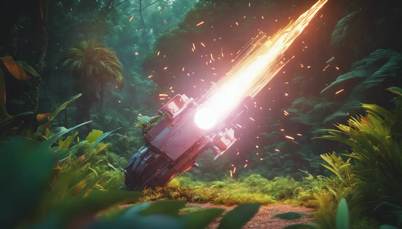 Studio ghibli, rocket explosion, jungle, solar, green technology, optimist future, 8k, Bokeh effect, Cinematic Lighting, Octane Render, Iridescence, Vibrant by Beeple, Asher Brown Durand, Dan Mumford, Greg Rutkowski, WLOP