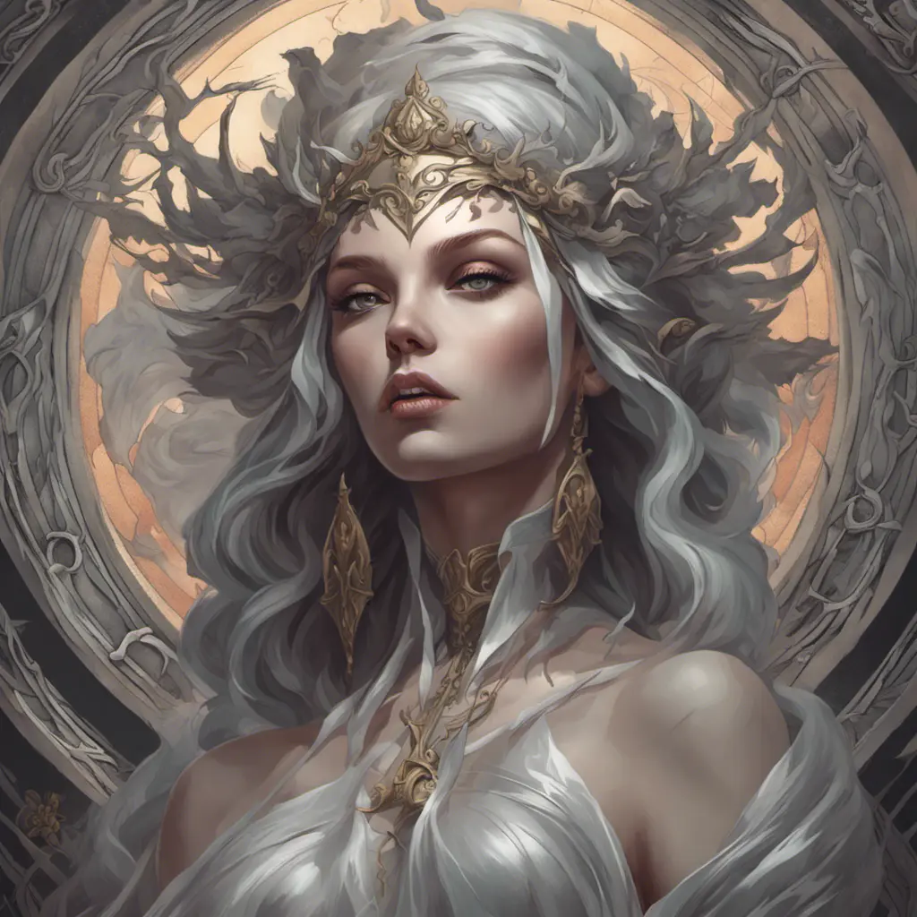 Alluring matte portrait of a beautiful Goddess of Death Hel, 4k, Highly Detailed, Hyper Detailed, Powerful, Artstation, Vintage Illustration, Digital Painting, Sharp Focus, Smooth, Concept Art by Stanley Artgerm Lau, Alphonse Mucha, Greg Rutkowski