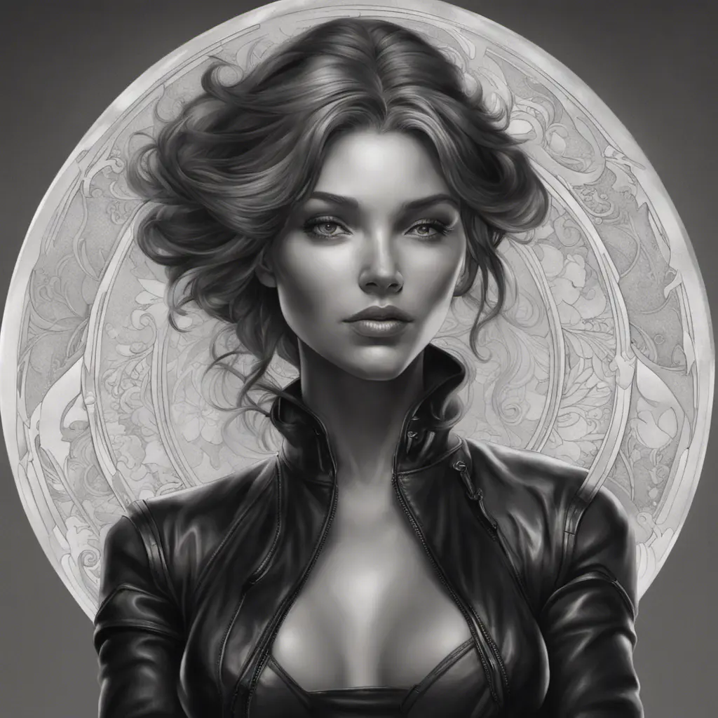 Alluring matte portrait of a beautiful A2 in black leather, 8k, Highly Detailed, Intricate, Half Body, Realistic, Sharp Focus, Volumetric Lighting, Fantasy, Elegant by Stanley Artgerm Lau, Alphonse Mucha, WLOP, Stefan Kostic