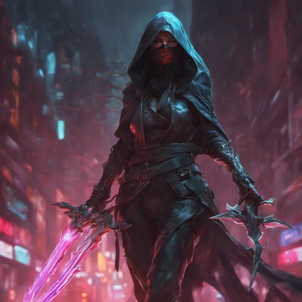 Veiled Assasin with daggers, 8k, Highly Detailed, Intricate, Artstation, Digital Painting, Illustration, Sharp Focus, Smooth, Unreal Engine, Neon, Concept Art by Stanley Artgerm Lau, Greg Rutkowski