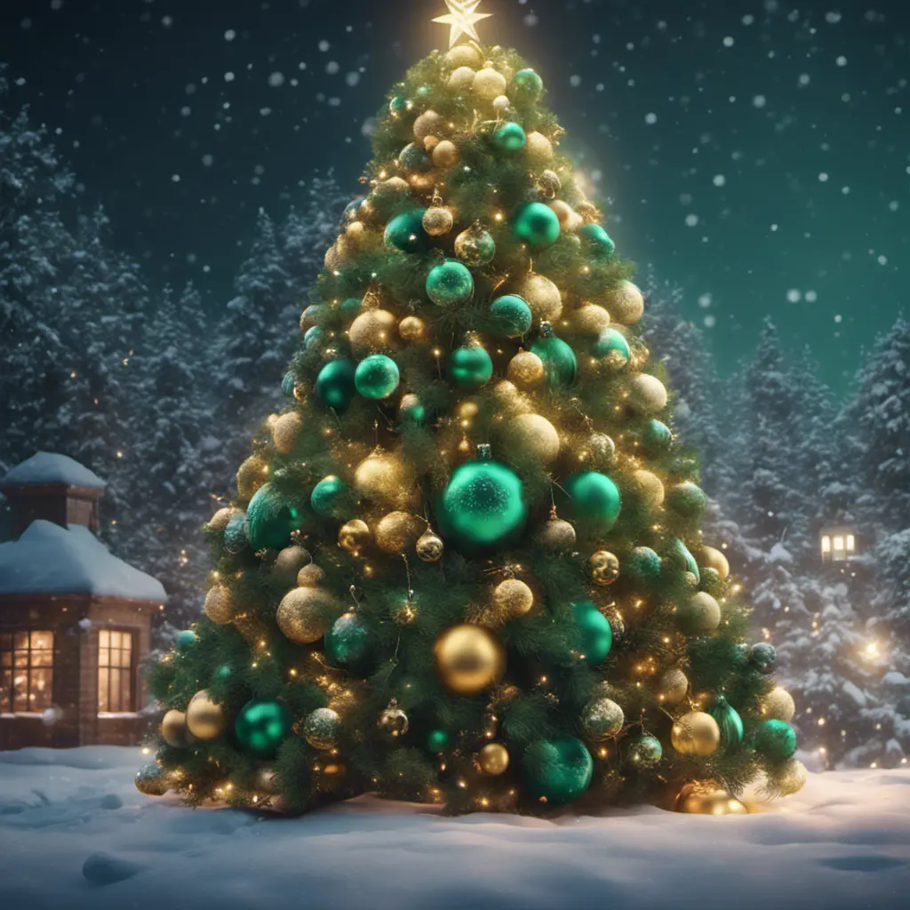 A large green christamas tree in snow lit full of christmas decorations, 8k, Highly Detailed, Digital Painting, Photo Realistic, Sharp Focus, Octane Render, Unreal Engine, Volumetric Lighting