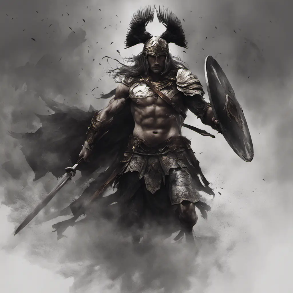 Achilles emerging from the fog of battle, Highly Detailed, Color Splash, Ink Art, Fantasy, Dark by WLOP