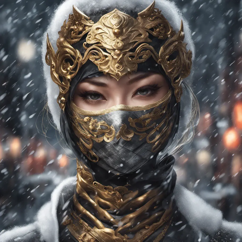 Alluring portrait of a mysterious beautiful masked kunoichi ninja wearing eyeliner and gold jewelry in the streets of a dark snowy town in moscow, fluid motion, 8k, Intricate Details, Trending on Artstation, Beautiful, Stunning by Stanley Artgerm Lau, WLOP