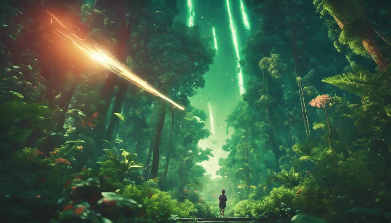 Studio ghibli, rocket explosion, jungle, solar, green technology, optimist future, 8k, Bokeh effect, Cinematic Lighting, Octane Render, Iridescence, Vibrant by Beeple, Asher Brown Durand, Dan Mumford, Greg Rutkowski, WLOP