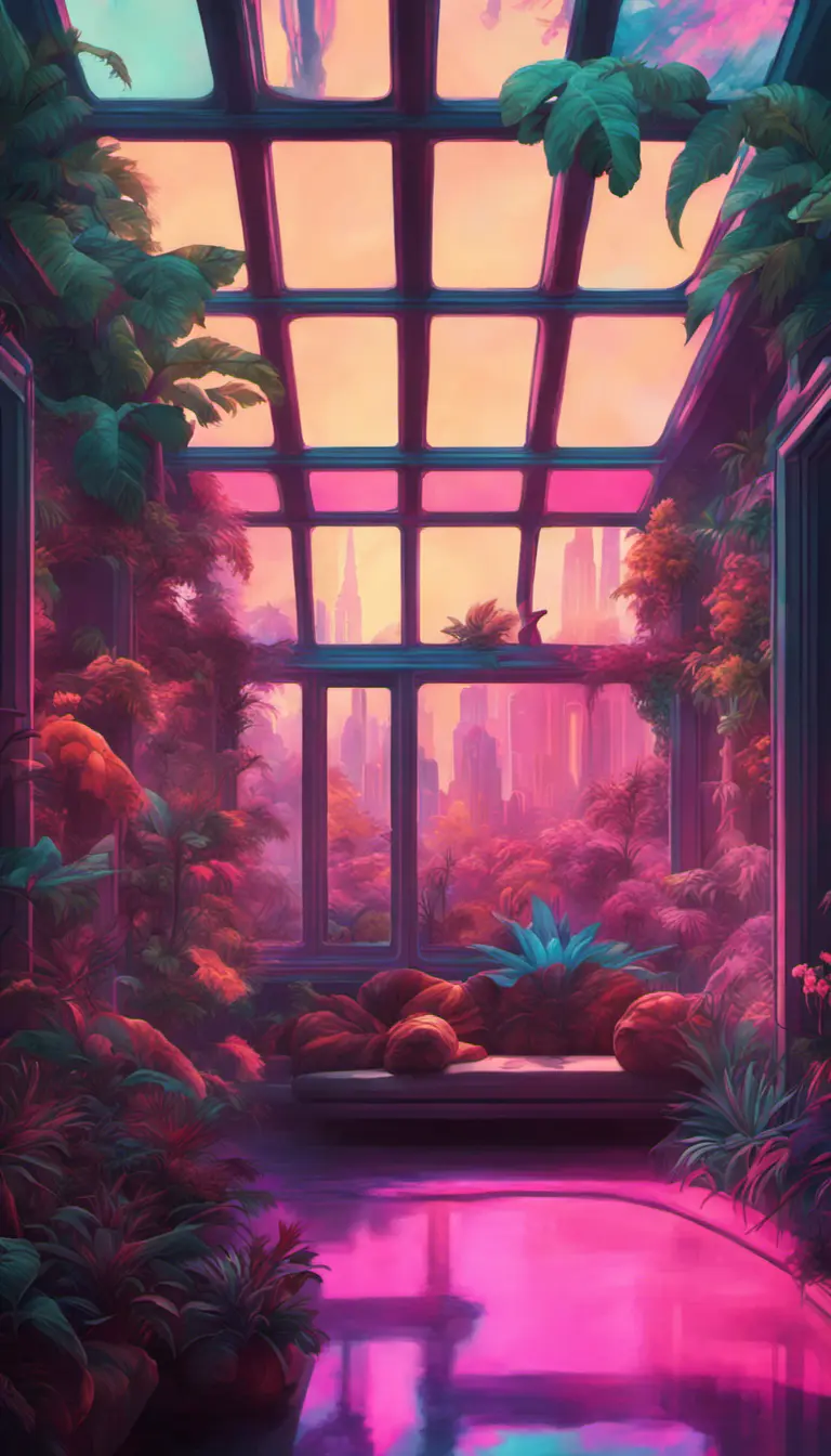 A beautiful render of city sunroom by georgia o'keeffe, galactic alien synthwave rainforest noir thermal imaging myst uv light, flowers, Highly Detailed, Digital Painting, Cinematic Lighting, Neon, Concept Art