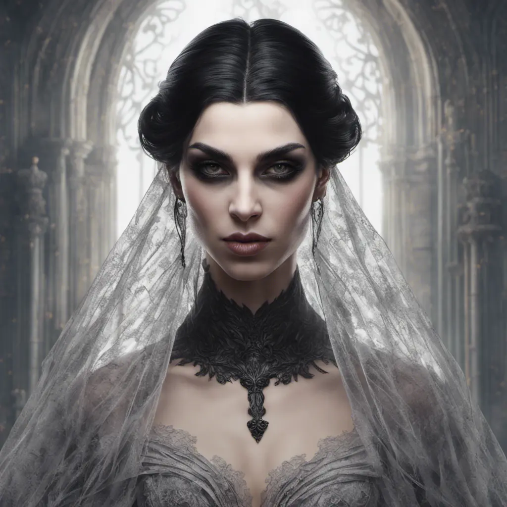 Alluring portrait of a beautiful raven black haired veiled vampire in the style of Stefan Kostic, 8k, High Definition, Highly Detailed, Intricate, Half Body, Realistic, Sharp Focus, Fantasy, Elegant