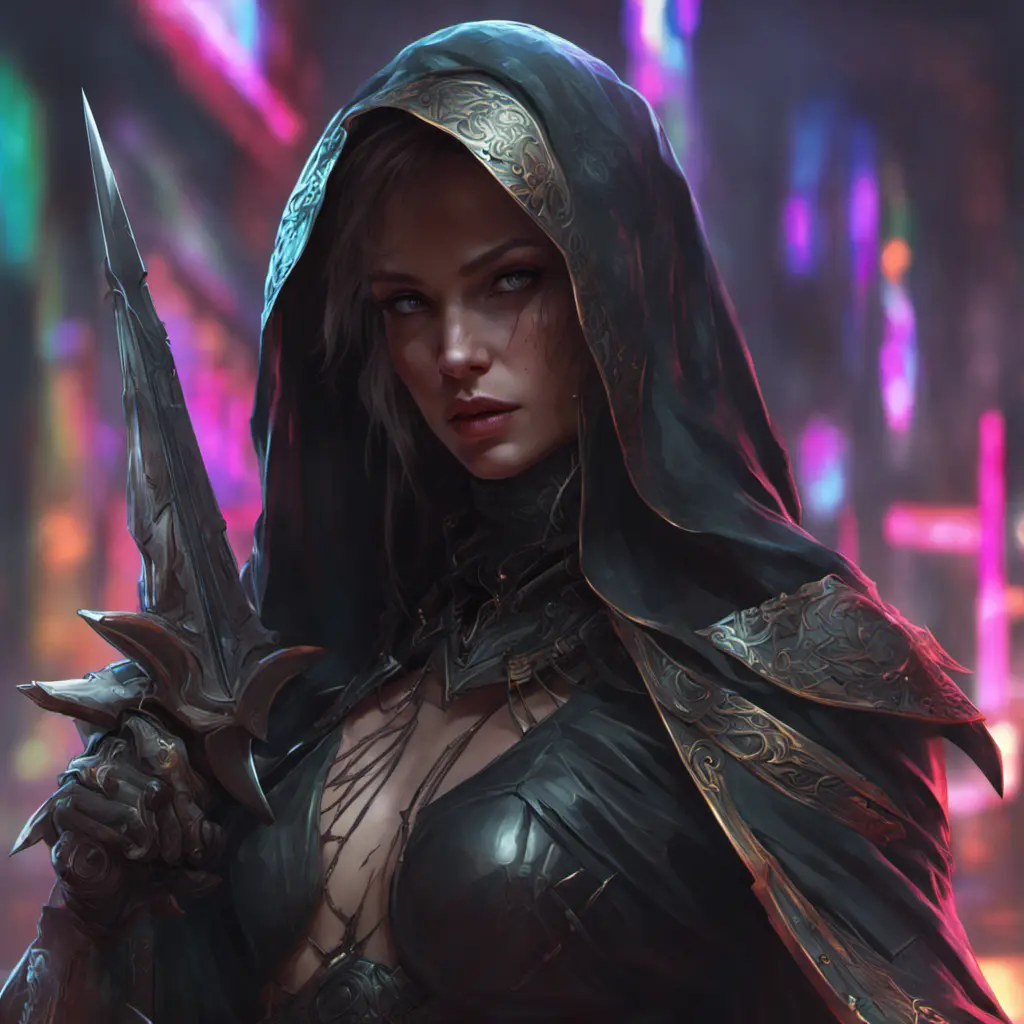 Veiled Assasin with daggers, 8k, Highly Detailed, Intricate, Artstation, Digital Painting, Illustration, Sharp Focus, Smooth, Unreal Engine, Neon, Concept Art by Stanley Artgerm Lau, Greg Rutkowski