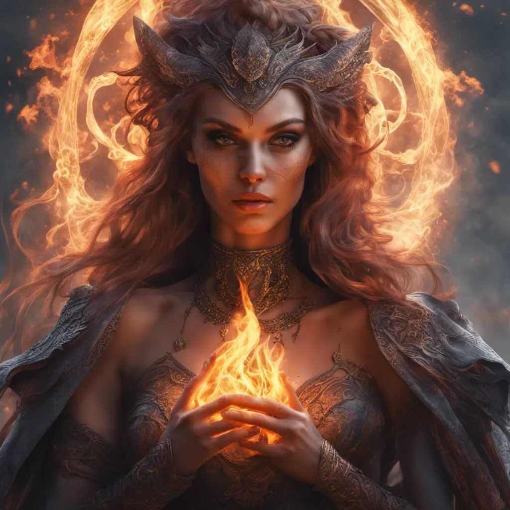 Alluring highly detailed matte portrait of a beautiful fire sorceress in the style of Stefan Kostic, 8k, High Definition, Highly Detailed, Intricate, Half Body, Realistic, Sharp Focus, Fantasy, Elegant