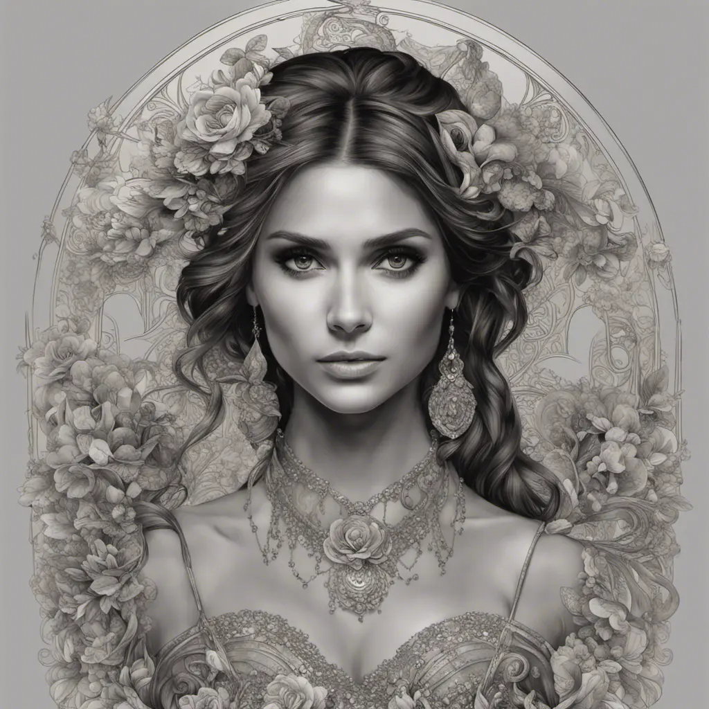 Alluring matte portrait of a beautiful Nina Dobrev, 8k, Highly Detailed, Intricate, Half Body, Realistic, Sharp Focus, Volumetric Lighting, Fantasy, Elegant by Alphonse Mucha