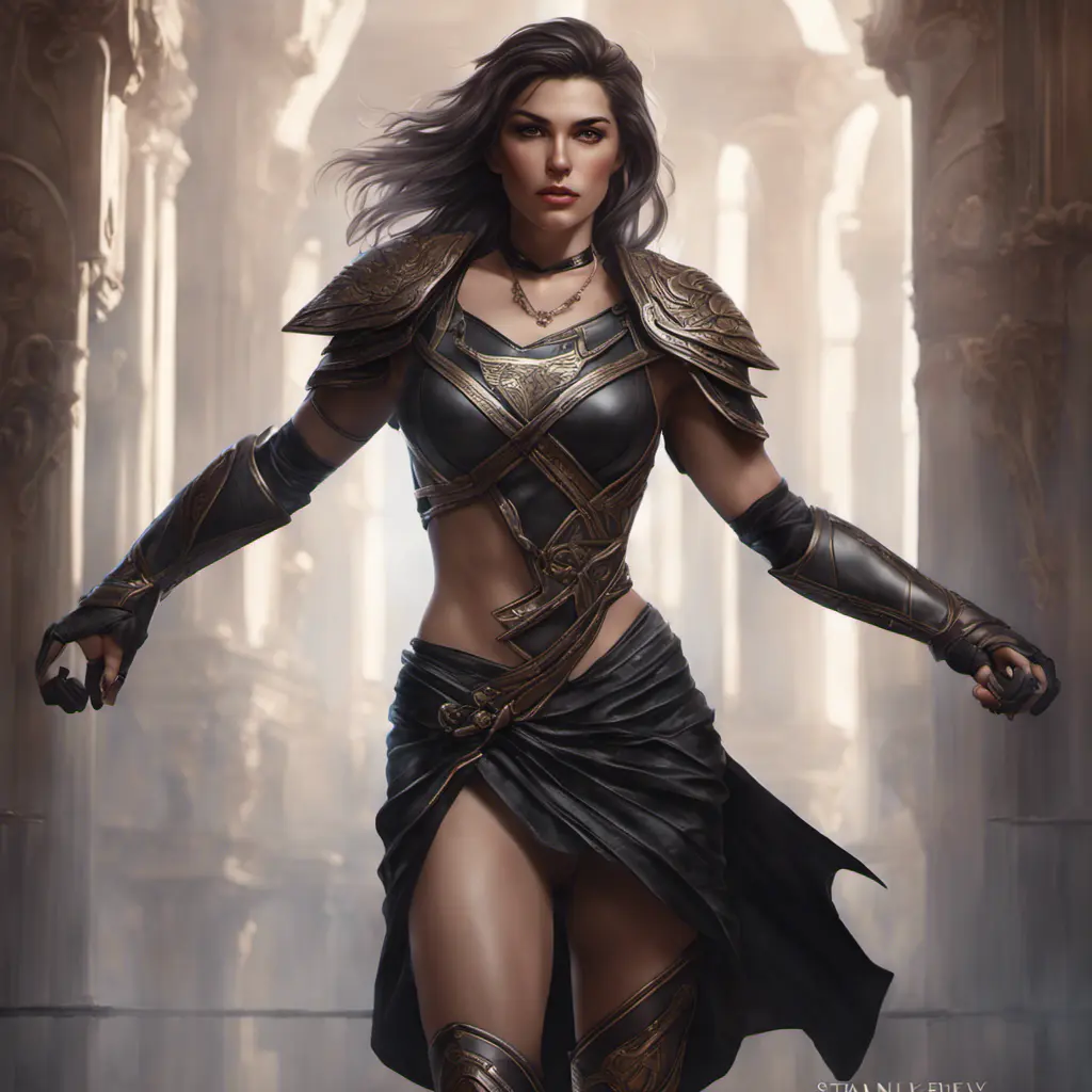 Alluring matte full body portrait of a beautiful Kassandra wearing black leather, 8k, Highly Detailed, Intricate, Realistic, Sharp Focus, Volumetric Lighting, Fantasy, Elegant by Stanley Artgerm Lau, WLOP