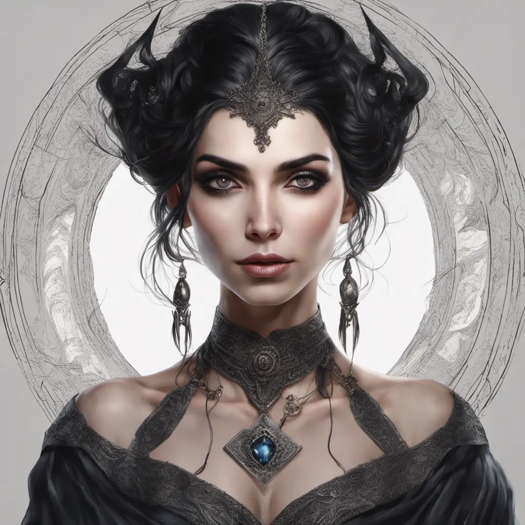 Alluring portrait of a beautiful gothic black haired sorceress in the style of Stefan Kostic, 8k, High Definition, Highly Detailed, Intricate, Half Body, Realistic, Sharp Focus, Fantasy, Elegant