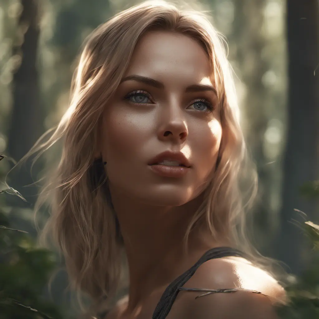 Closeup of a gorgeous female in a forest in the style of stefan kostic, 8k, High Definition, Digital Illustration, Bokeh effect, Photo Realistic, Sharp Focus by WLOP