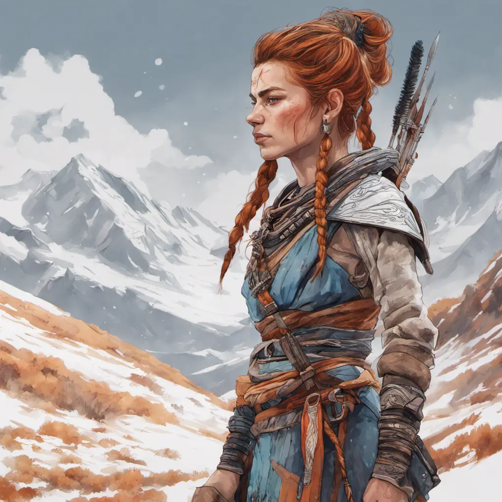 Alluring highly detailed matte portrait of a beautiful Aloy in the hills in the style of Stefan Kostic, 8k, High Definition, Highly Detailed, Intricate, Half Body, Realistic, Sharp Focus, Fantasy, Elegant