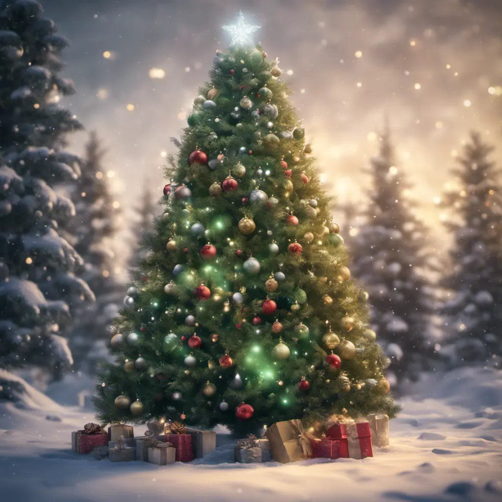 A large green christamas tree in snow lit full of christmas decorations, 8k, Highly Detailed, Digital Painting, Photo Realistic, Sharp Focus, Octane Render, Unreal Engine, Volumetric Lighting