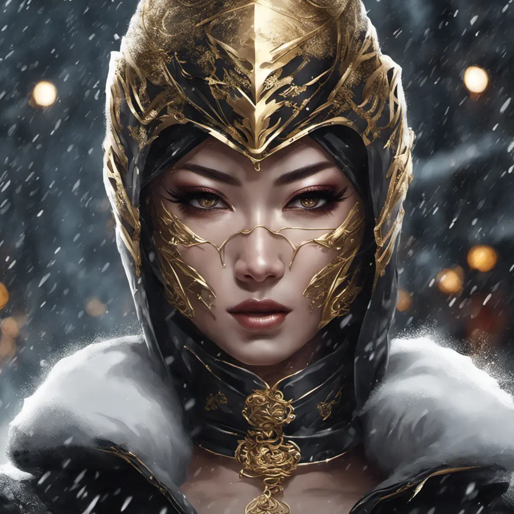 Alluring portrait of a mysterious beautiful masked kunoichi ninja wearing eyeliner and gold jewelry in the streets of a dark snowy town in moscow, fluid motion, 8k, Intricate Details, Trending on Artstation, Beautiful, Stunning by Stanley Artgerm Lau, WLOP